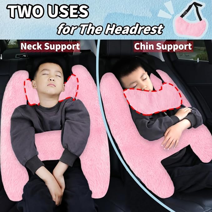 Soft Plush Car Pillow Travel Pillow for Kids with Neck Support Headrest, H-Shape Car Pillows for Kids Sleeping on Long Road Trips, Adults Child Car Seat Pillow, Body Support Travel Accessories, Pink
