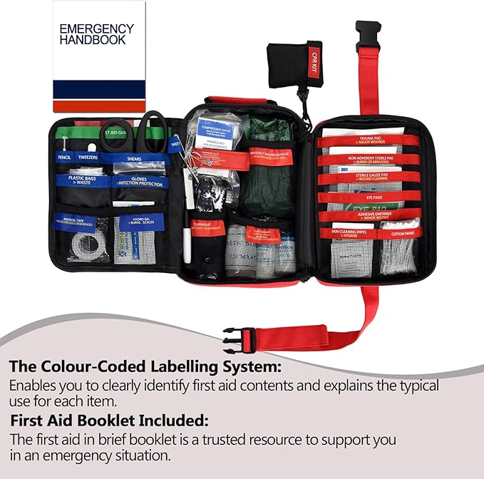 Comprehensive First Aid Kit -Labeled Compartments for Trauma & Emergencies, Compact Emergency Kits for Car, Boats, Camping, Hurricanes and Outdoor Emergencies Survival -265 Piece
