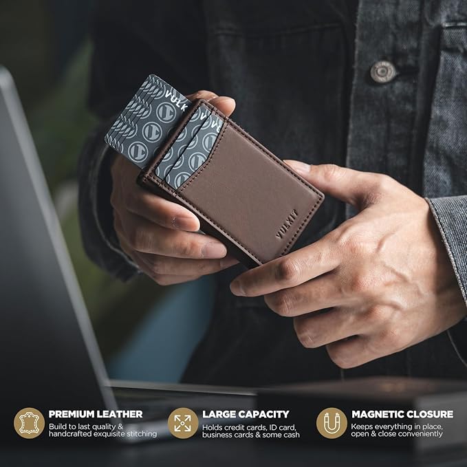 VULKIT Men's Wallet with ID Window Premium Leather Wallets RFID Blocking Minimalist Wallet Pop Up Card Holder Magnetic Closure