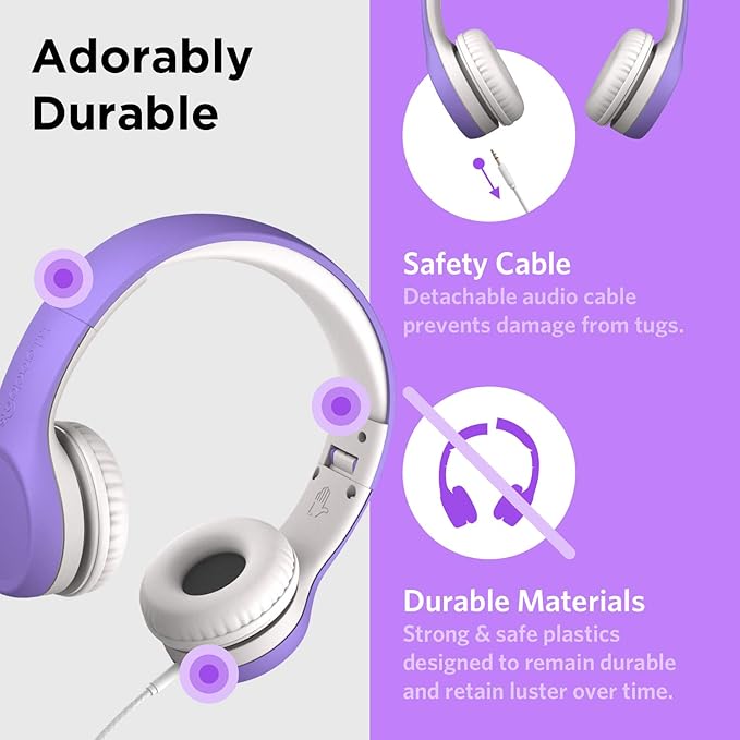 LilGadgets Connect+ Foldable Headphones, Adjustable Fit Soft Touch Padding for Kids with Mic, Volume-Limited & Noise Reduction On-Ear Wired Headset for School with SharePort - Purple, Ages 3-14