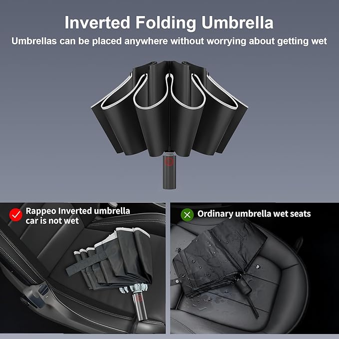 Rappeo 4-in-1 Inverted Travel Umbrella Compact, Automatic Large Umbrellas for Rain & Sun, Portable Windproof Umbrella for Backpack, Reverse Folding Umbrella for UV with Reflective Strips,Lightweight