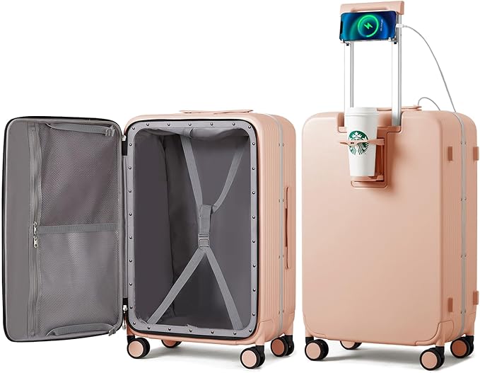 mixi Large Checked Luggage with Cup Phone Holder and Charger Hard Shell Suitcases with Spinner Wheels, 24 Inch Light Pink