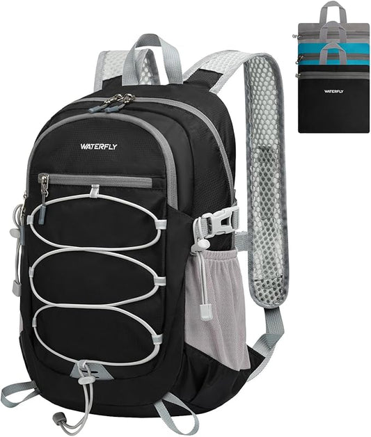 WATERFLY Small Lightweight Packable Backpack: 15L Mini Ultra Light Foldable Travel Daypack with Breathable Shoulder Strap Outdoor Hiking Camping Day Pack for Women Men Black