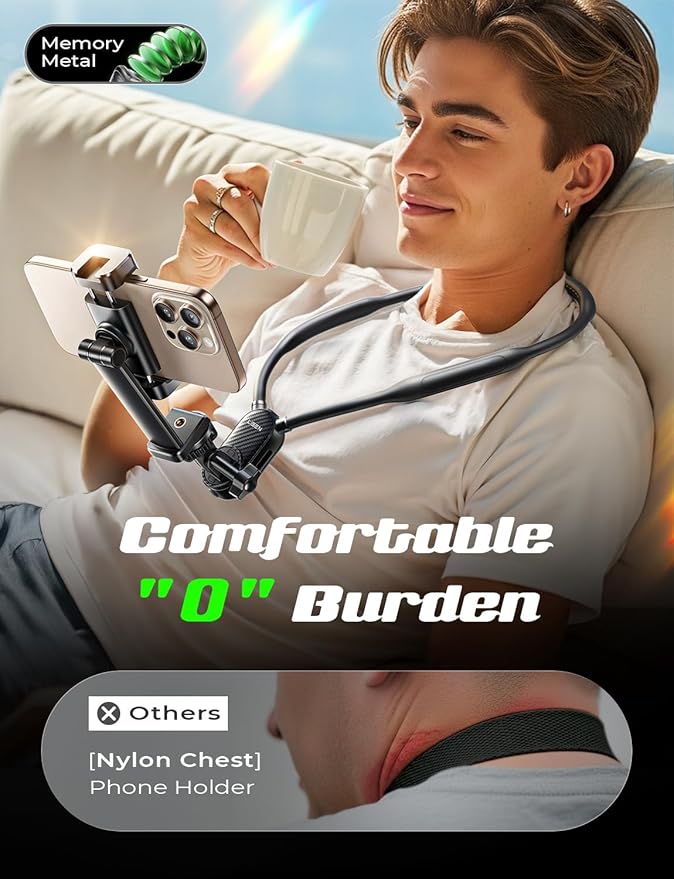 LISEN Neck Phone Holder for Bed Video Recording POV Camera Phone Chest Mount for Gopro Neck Mount [2025 Upgrad No.1] for iPhone Samsung 4-7 Inch Phones Akaso Insta360 Dji360 Other Action Cameras