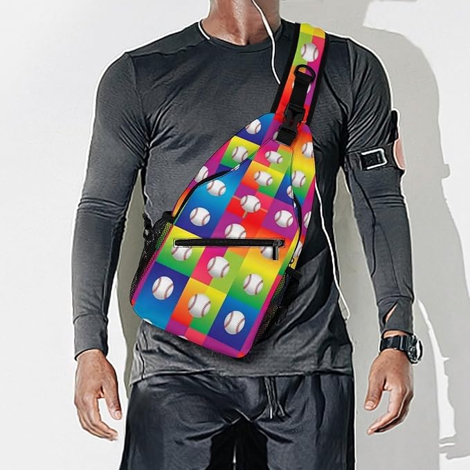 SWEET TANG Womens Fashion Gym Bags Anti Theft Crossbody Shoulder Chest Bag with Small Pocket, Multipurpose Daypack Bag for Cycling Traveling Hiking, Rainbow Baseball