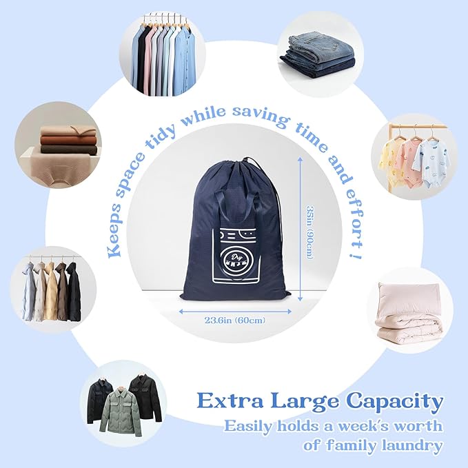 MissBoy Heavy Duty Laundry Bag, Machine Washable Nylon, Splash-Resistant Dirty Clothes Storage Bag with Drawstring & Handles丨Lightweight, Foldable & Space-Saving for College Dorm,Vacations&Trips, 80L