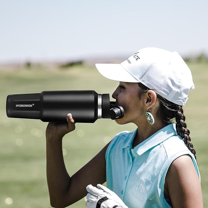 HYDROWION 40 oz Insulated Water Bottle, Car Water Bottle Holder - Double Wall Vacuum Insulated Travel Bottle with Straw Lid, Spout Lid and Flex Cap - Cold for 24H, Hot for 12H, Black