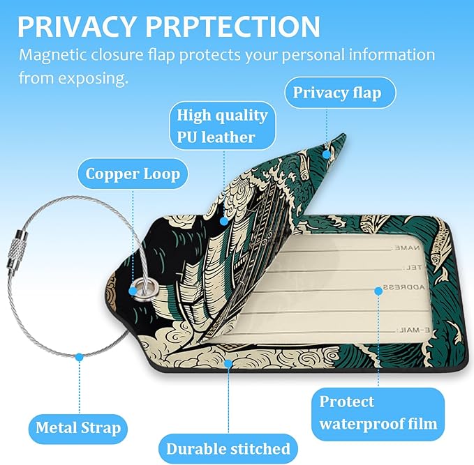 2 Pack Luggage Tag for Suitcase,Pirate Ship Luggage Tag with PU Leather Privacy Cover ID Label & Stainless Steel Loop for Women Men Travel Bag Suitcase