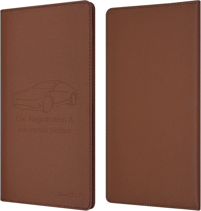 Car Insurance and Registration Holder, 9.5 x 5 Inch PU Leather Vehicle Glove Box Organizer Wallet Case for Insurance Card, Driver License, Paperwork - Brown