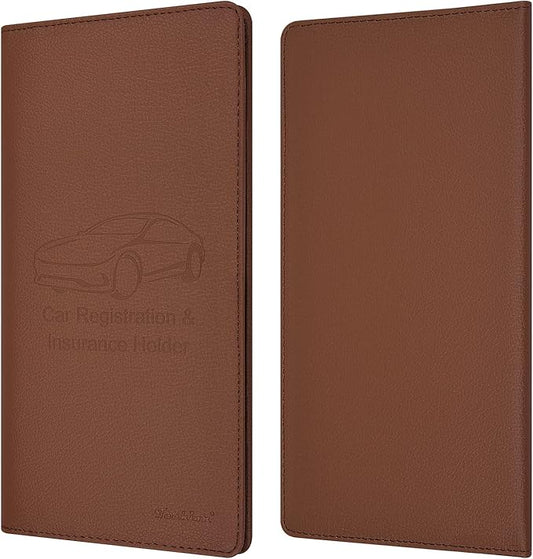 Car Insurance and Registration Holder, 9.5 x 5 Inch PU Leather Vehicle Glove Box Organizer Wallet Case for Insurance Card, Driver License, Paperwork - Brown