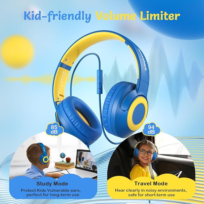 Kids Wired Headphones with Microphone, Volume Limited to 85/94dB, Foldable 3.5mm Jack Headset for Girls, Pink Over-Ear Headphones for School, Study & Travel, Includes Carry Case（Blue）