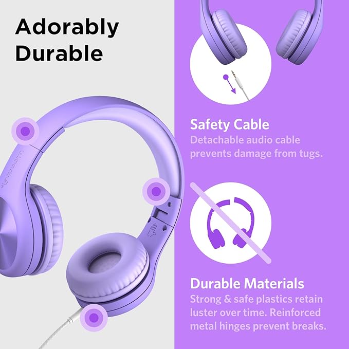 LilGadgets Connect+ Pro Wired Kids Headphones for School with Microphone, Volume Limiting Over-Ear Headset with Cord, SharePort Technology & SoftTouch Padding, Purple
