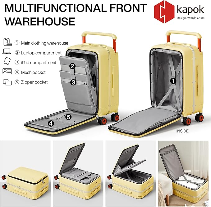 mixi Carry On Luggage Wide Handle Luxury Design Rolling Travel Suitcase PC Hardside with Aluminum Frame Hollow Spinner Wheels, with Cover, 20 inch, Lark Yellow