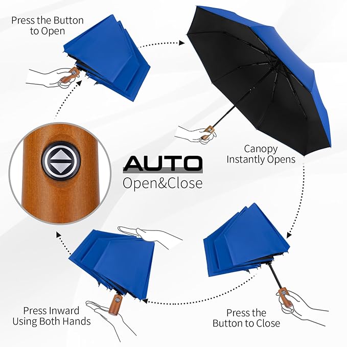 Yoobure Windproof Travel Umbrella with Wood Handle - Automatic Umbrellas for Rain & UV Sun Protection, Compact 46" Large Canopy, Lightweight Backpack Portable for Walking & Outdoor