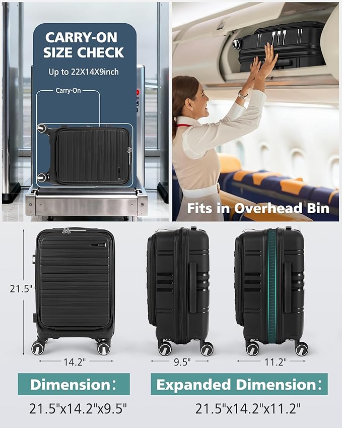 RAINSMORE Expandable Carry on Luggage 20 Inch, Airline Approved Carry on Suitcase with Front Pocket&Laptop Compartment, Hardshell Rolling Travel Luggage with Spinner Wheels,Black