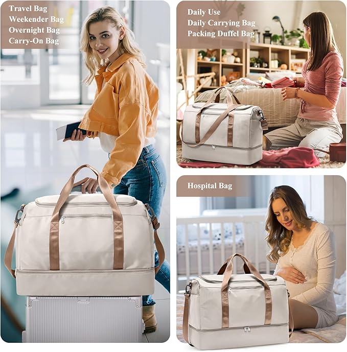 Travel Duffel Bag for Women, Carry-on Overnight Weekender Bags with Wet Pocket, For Spirit Airlines 18x14x8 Personal Item Bag,Small,Beige & Brown