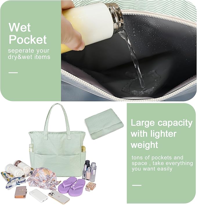 Beach Pool Bags Tote for Women Ladies Large Gym Tote Carry On Bag With Wet Compartment for Weekender Travel Waterproof
