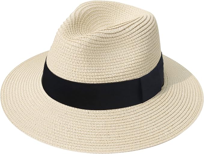 DRESHOW Women Straw Panama Hat Travel Fedora Beach Sun Hat Summer Wide Brim Straw Roll up Hat UPF 50+