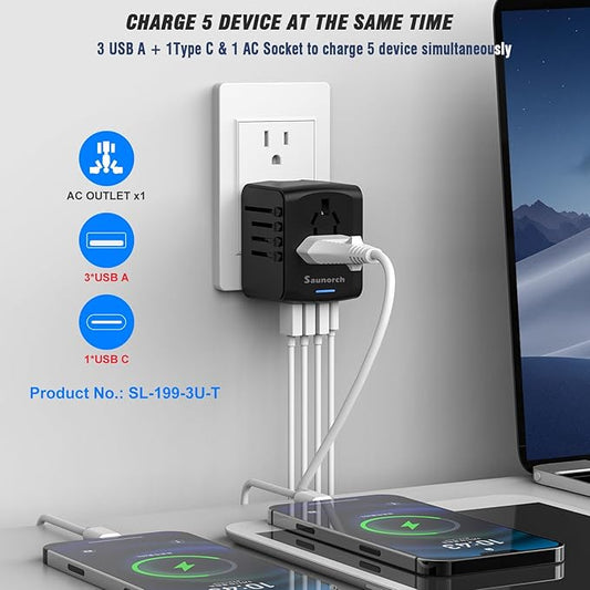 Universal International Travel Power Adapter W/High Speed 2.4A USB, 3.0A Type-C Wall Charger, European Adapter, Worldwide AC Outlet Plugs Adapters for Europe, UK, US, AU, Asia-Black