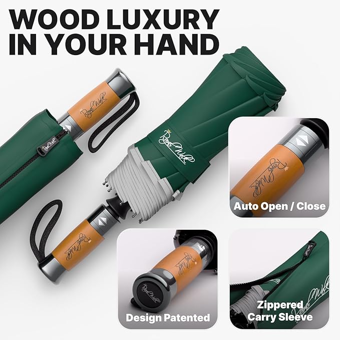 Royal Walk Windproof Folding Travel Umbrella Compact and Strong Luxurious Real Wood Handle Automatic Open Close Vented Double Canopy for Men and Women