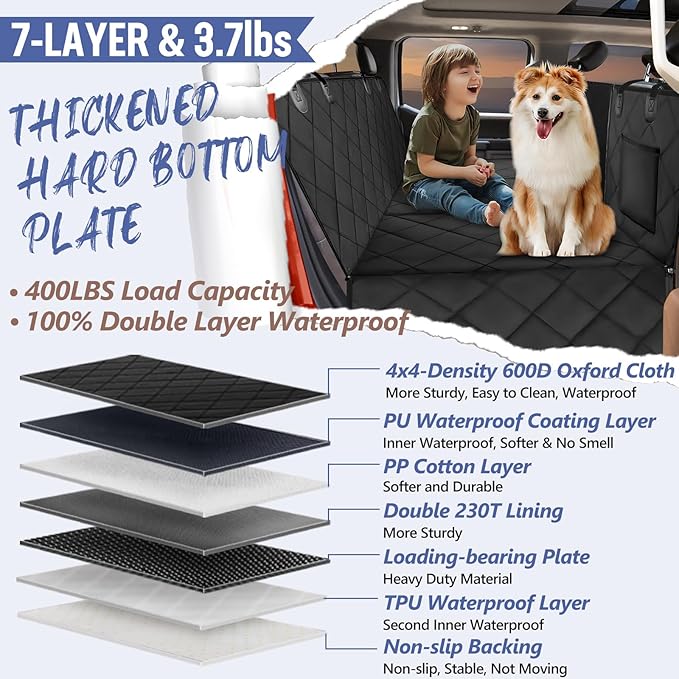 Back Seat Extender for Dogs Truck-Large Space, Dog Pet Seat Cover Back Seat Hard Bottom Holds 400lbs, Waterproof Dog Hammock for Crew Cab Trucks F150, RAM1500, Sierra, Tundra, Silverado