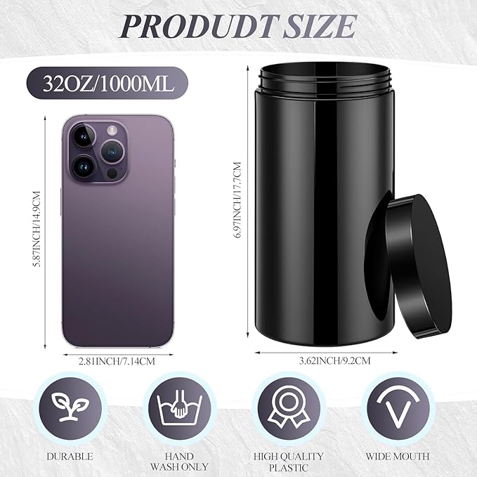 SATINIOR 12 Pack 32 oz Plastic Container Jars with Lids Round Clear Travel Cosmetic Container Slime Jar for Toiletries, Lotion, Cream, Ointment, Makeup, Rhinestone, Sample, Kitchen Storage(Pure Black)