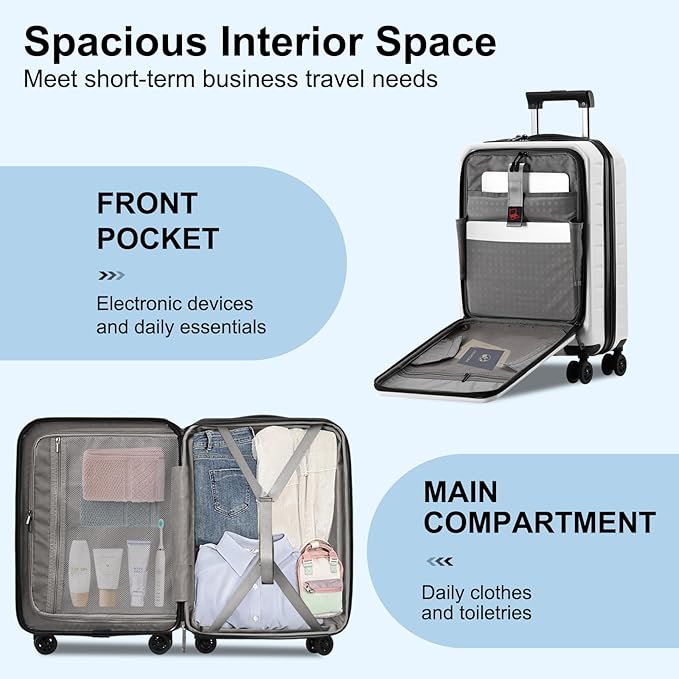 Carry On Luggage 22×14×9 Airline Approved, 20 Inch Lightweight ABS+PC Hard Shell Suitcases with Front Pocket, Spinner Wheels, TSA Lock (White, 1PC)