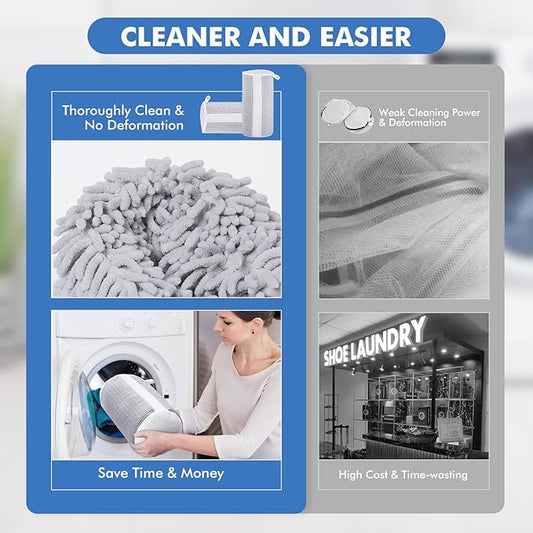 Shoe Laundry Bags for Washing Machine, Reusable Laundry Shoe Bag for Washer and Dryer, Fluffy Fibers 360° Wrap Around Cleaning, Adjustable Protective Shoe Trees - Home Dorm Travel, Gray