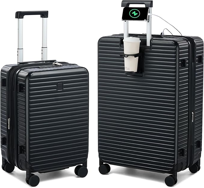 Hard Shell Suitcases Expandable Travel Luggage Sets 2 Piece, Carry on and Check in Luggage Lightweight Suitcase Set 2 Piece with Wheels Cup Holder Charger Built in (Black, 20/28)
