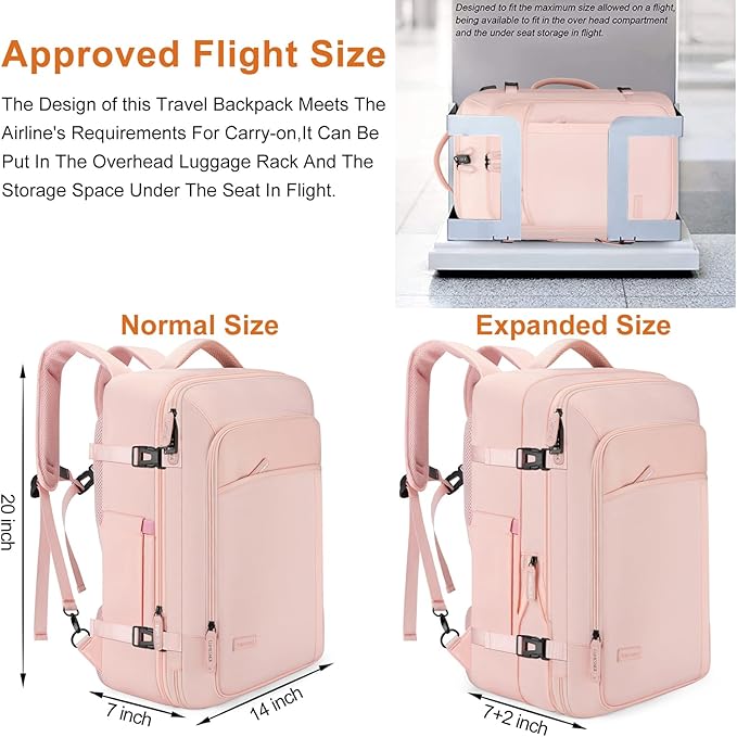 Lumesner Carry on Travel Backpacks, Extra Large 40L Flight Approved for Men & Women,Expandable Suitcase backpack (Pink (Backpack With 4 Packing Cubes))