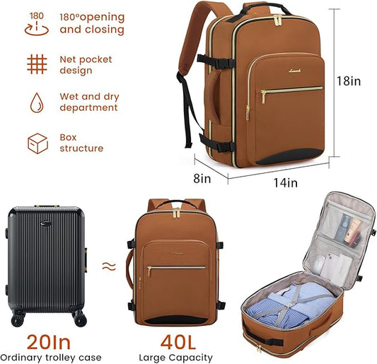 LOVEVOOK 40L Large Travel Backpack for Women Men, 17 Inch Carry on Backpack for Traveling on Airplane, Personal Item Travel Bag Airline Approved, Business Causal Weekender Backpack, Brown Yellow-Black