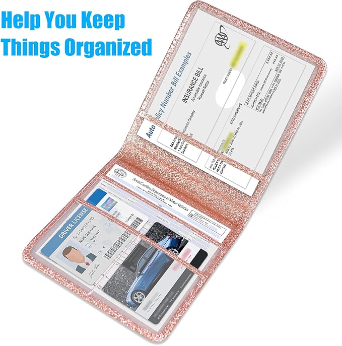 DMLuna Car Registration and Insurance Holder, Folio Leather Vehicle Card Document Glove Box Organizer, Auto Truck Compartment Accessories for Essential Information, Driver License Cards, Glitter Rose