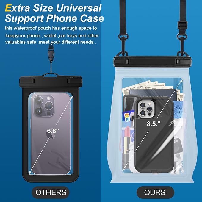 Large Waterproof Phone Pouch Floating, Waterproof Phone Case for iPhone 15 14 Pro Max 13 12 Plus 11 XS XR X Samsung up to 8.5'', IPX8 Water Proof Cell Phone Dry Bag for Beach Swimming Kayaking