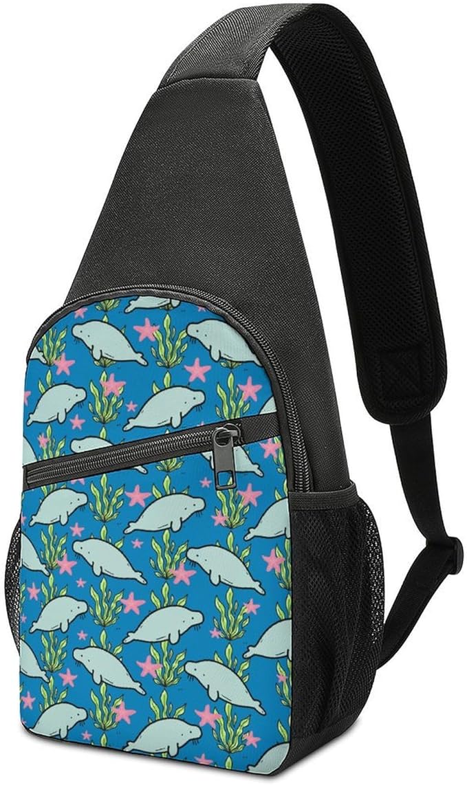 SWEET TANG Fashion Sling Backpack for Men Women, Lightweight Sling Shoulder Bag, Outdoor Chest Crossbody Bike Gym Runner Daypack with Adjustable Strap, Manatee Animals