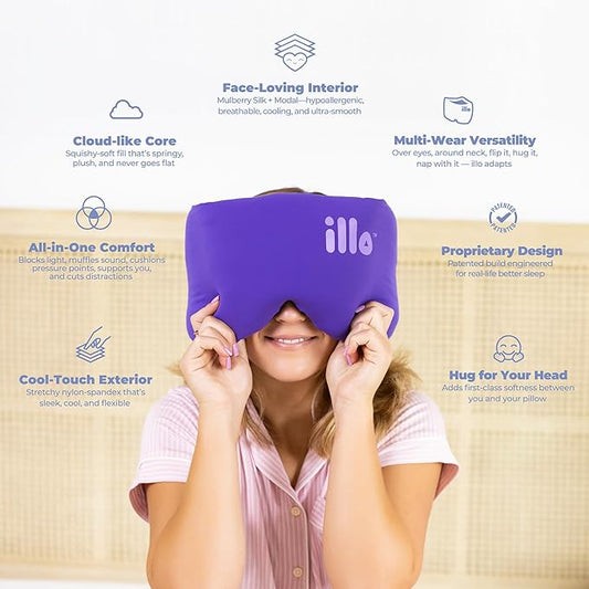 illo Wearable Pillow Sleep Mask | Soft Mulberry Silk Blackout Sleeping & Napping Eye Mask | Best for Home Bed, Work, Camping, Airplane, Side Sleeper | Reversible as Travel Neck Pillow | Women & Men