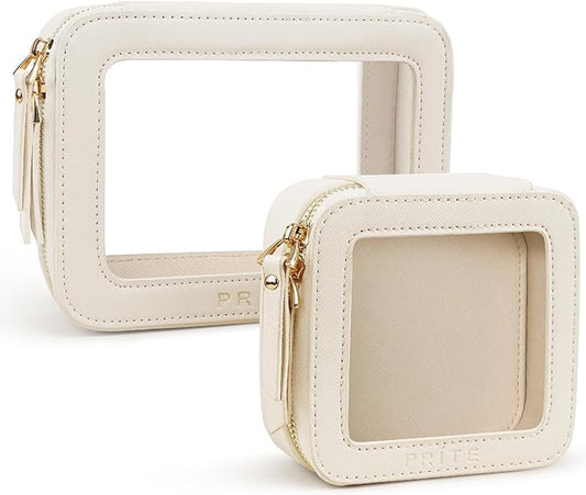 Prite Clear Makeup Bag Set for Women Portable Clear Makeup Bag Cute Waterproof Travel Cosmetic Bag with Gold Zipper for Car Essentials(Beige)
