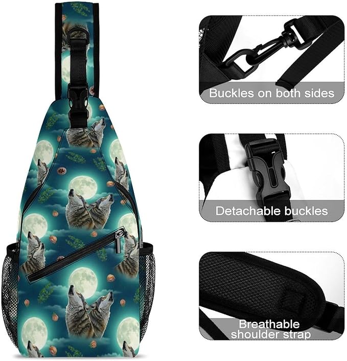 SWEET TANG Polyester Shoulder Sling Bag Multipurpose Casual Sport Daypack Unbalance Backpack with Small Pocket and Smooth Zipper, Howling Moon Wolf