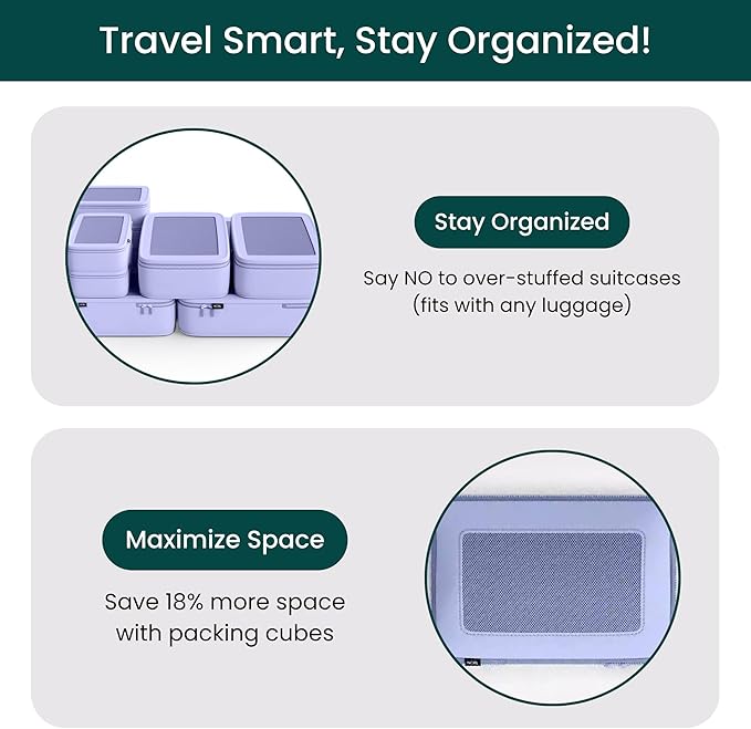 NOBL Travel Compressible Packing Cubes Set, 6 Pieces Travel Packing Organizers, Compression Luggage Cubes for Suitcases & Carry On, Space Saving (XXS, XS, S, M, L, XL) - Lavender