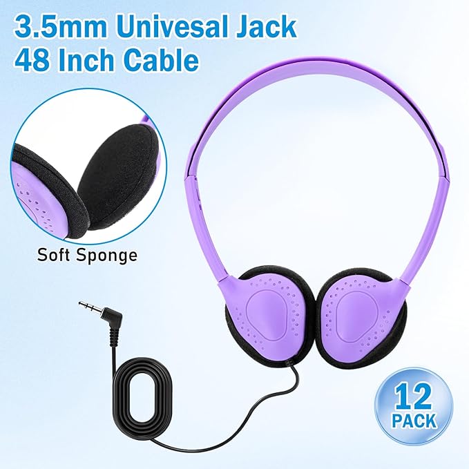 12 Pack Classroom Headphones for Kids, Multi Color Bulk Headphones for Classroom Wired Over The Ear Headphones Adjustable with 3.5 mm Jack for School Library Student Children