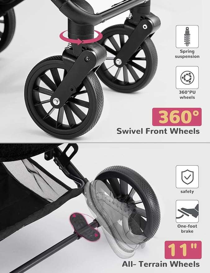 Dog Stroller for Small Medium Dogs Up to 60lbs, 4 Wheels Folding Pet Stroller with Detachable Carrier, Pet Travel Carrier for 2 Dogs & Cats, Storage Basket, Breathable Mesh, Cup Holder, Black