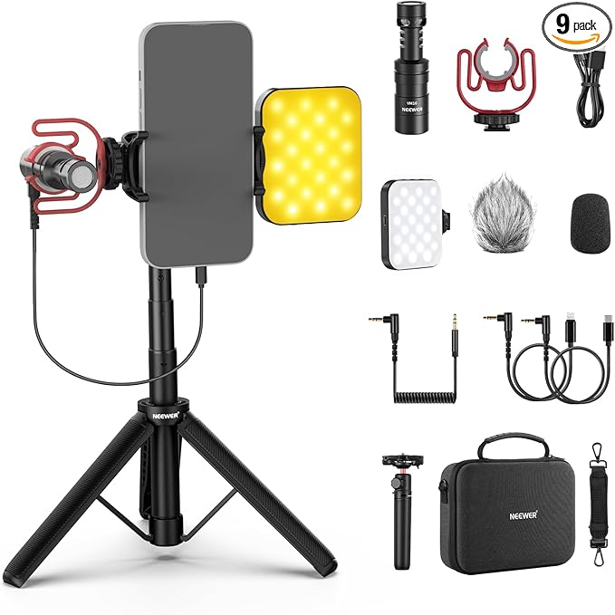 NEEWER Basics PA050 Vlogging Kit for iPhone Android Phone for YouTube TikTok Streaming Video Recording, Selfie Stick Tripod + Microphone + LED Fill Light, Youtuber Starter Content Creator Essentials