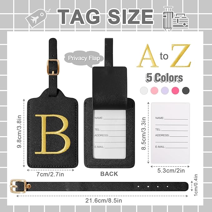 Personalized Initial Luggage Tags for Suitcase TSA Approved, Black Leather Cute Luggage Tag with Privacy Cover Name Card, Embroidered Custom Luggage Tags Travel Backpack Tags Gifts for Women Kids(B)