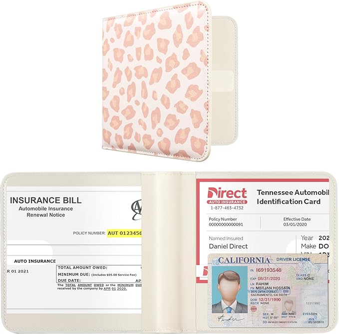 CoBak Car Registration and Insurance Holder - Small and Lightweight Vehicle Glove Box Car Organizer, Auto Truck Comparment Accessories Case for Essential Document, Driver License (Pink Leopard)
