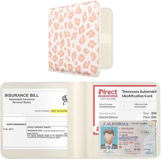 CoBak Car Registration and Insurance Holder - Small and Lightweight Vehicle Glove Box Car Organizer, Auto Truck Comparment Accessories Case for Essential Document, Driver License (Pink Leopard)