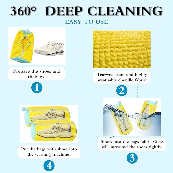 Shoe Washing Bag, Laundry Shoe Bag, Reusable Shoe Washing Bag, 360 ° Deep Cleaning,Suitable for All Shoe Types, With Self-Locking Zipper, 2-pack (Yellow)