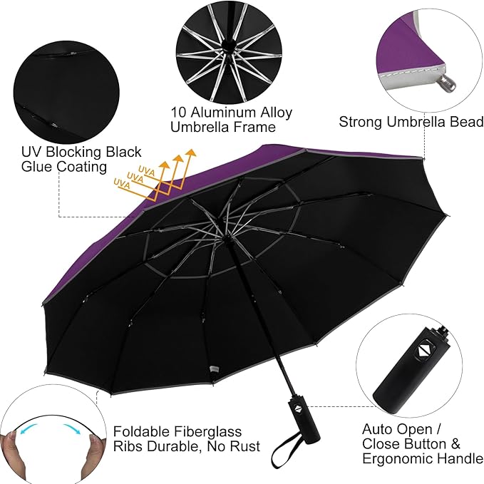 Satol Extra Large Golf Umbrella, 46/54/62 Inch Windproof 10 Ribs Vented Double Canopy Reflective Strips Automatic Open/Close Waterproof UV Protection Portable Compact Umbrella for Outdoor & Travel