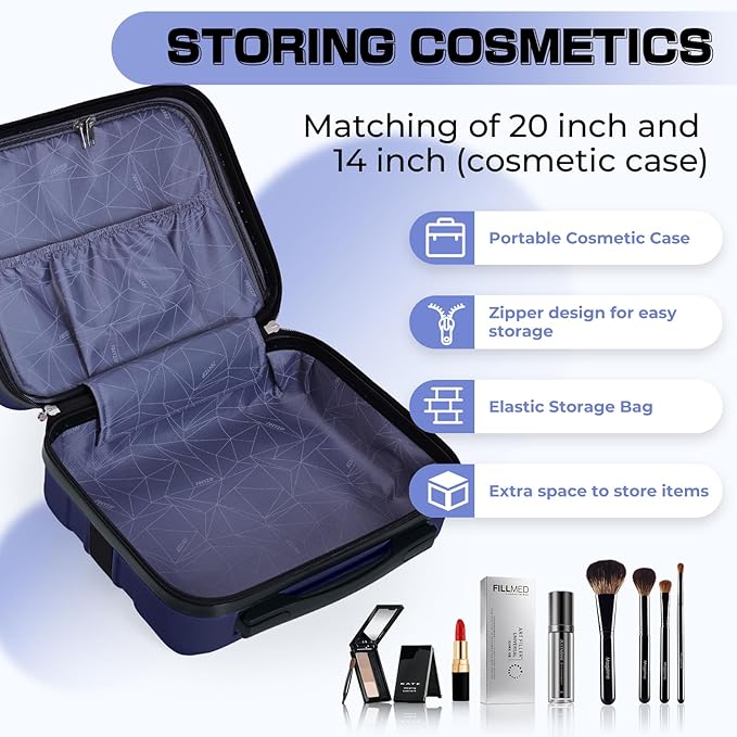 AnyZip Carry On Luggage 2PCS Luggage Set PC ABS Hardshell Lightweight Suitcase TSA Lock with 4 Spinner Wheels（14/20, Dark Blue）
