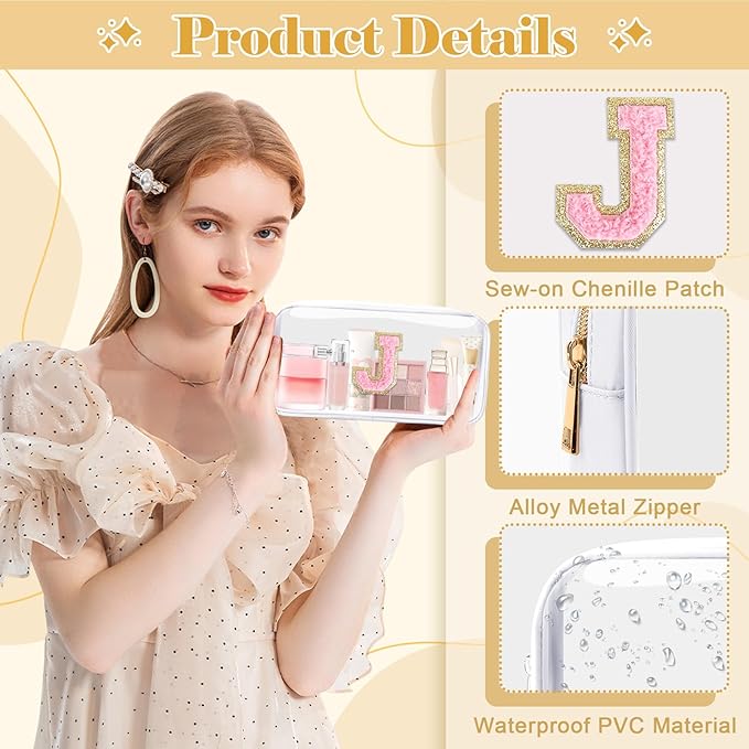 Personalized Initial Letter Clear Makeup Bag,Preppy Small Nylon&PVC Cosmetic Zipper Bag with Chenille Letter,Travel Skincare Toiletry Bag,Monogram Christmas Gift for Teen Girls Women,J