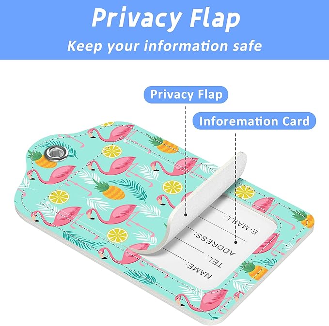 Luggage Tags for Suitcase Flamingo Pineapples and Exotic Leaves 2 PCS Leather Travel Cruise Luggage Tag with Stainless Steel Loop Name ID Label Privacy Cover for Women Men Travel Bag Labels Set