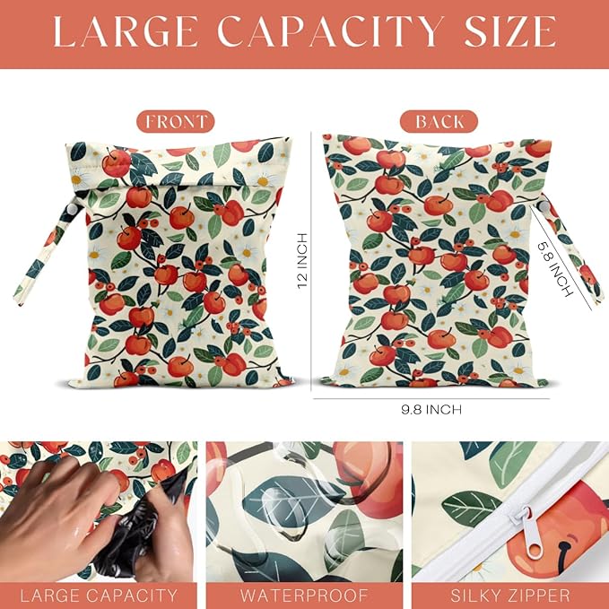 4 Pack Cute Fruit Wet Bag Waterproof Washable Reusable Wet Dry Bag for Swimsuit Clothes Cloth Diaper Travel Beach Pool Yoga Gym Toiletries Travel Beach Essentials Strawberry Orange Apple